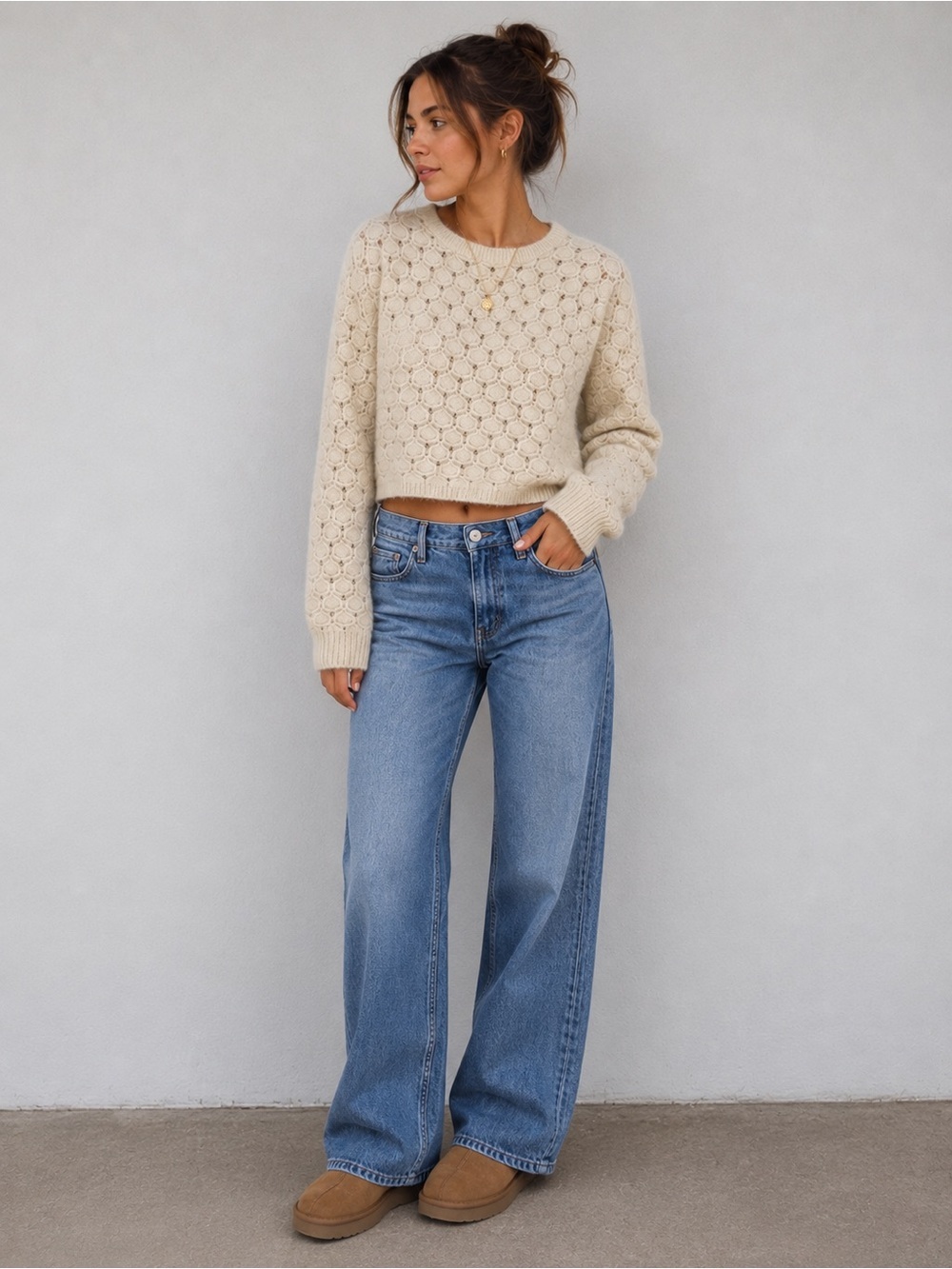 Pink Martini Fuzzy Cropped Cream Wool Blend Sweater - Size Medium